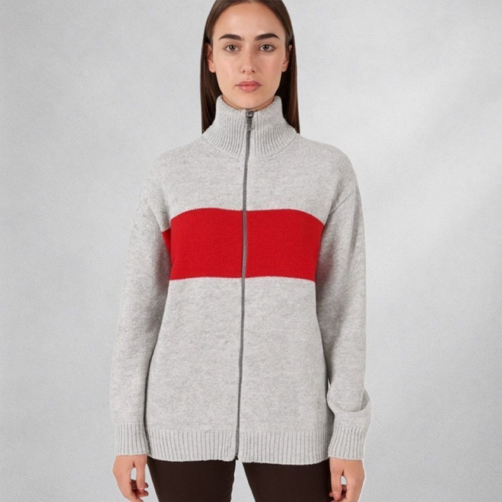 Gap Lambswool Blend Full Zip Sweater Gray Red Str… - image 1